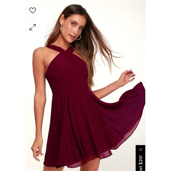 NWT Lulu’s Burgundy Halter Mini Dress S Skater Fit Flare Wedding Party Chic - Picture 2 of 12